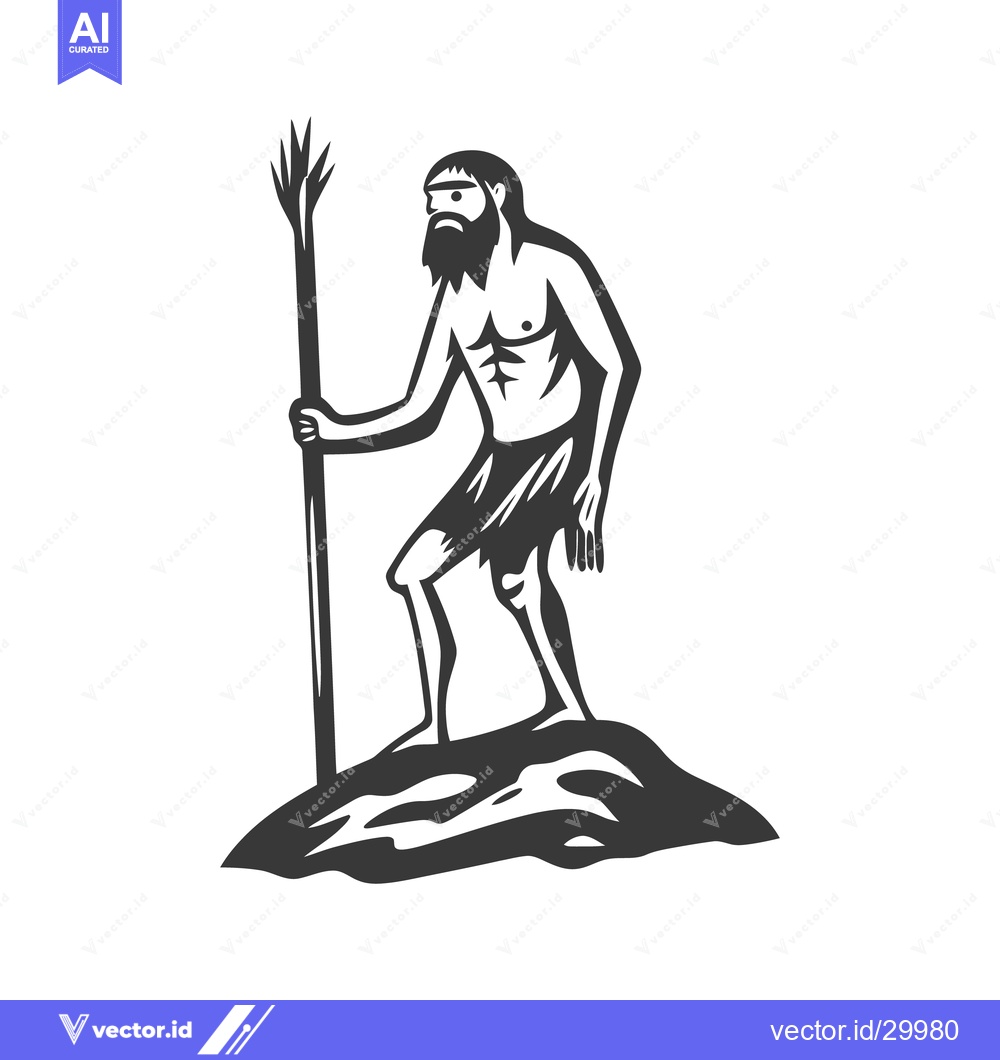 Premium Vector dari A prehistoric caveman holding a spear stands upon a rocky surface