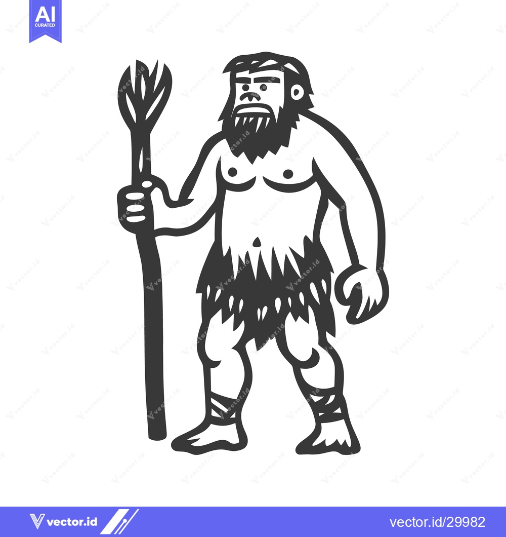 Premium Vector of A caveman stands holding a wooden spear or staff weapon