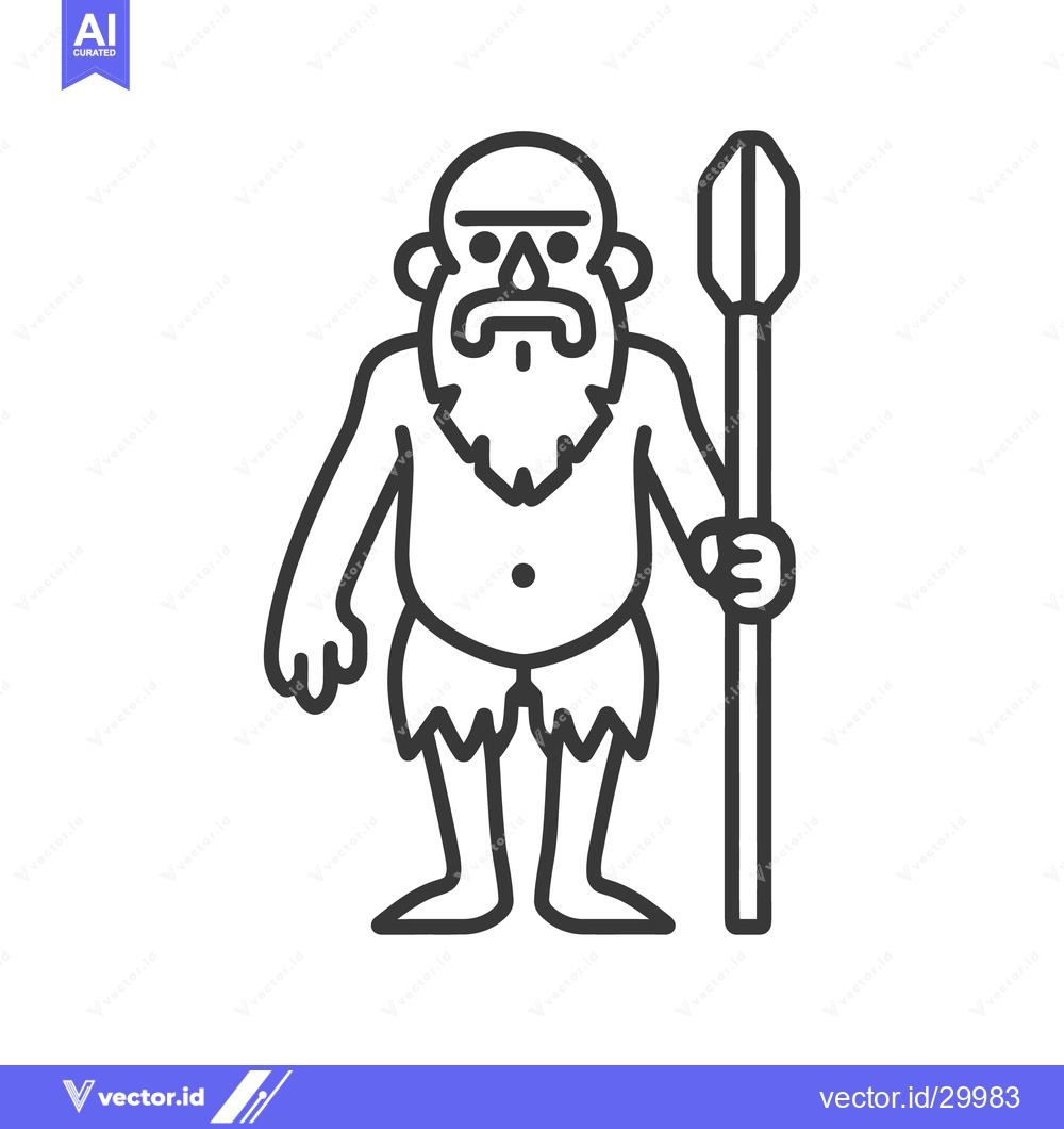 Premium Vector of A line art illustration of a prehistoric caveman holding a spear