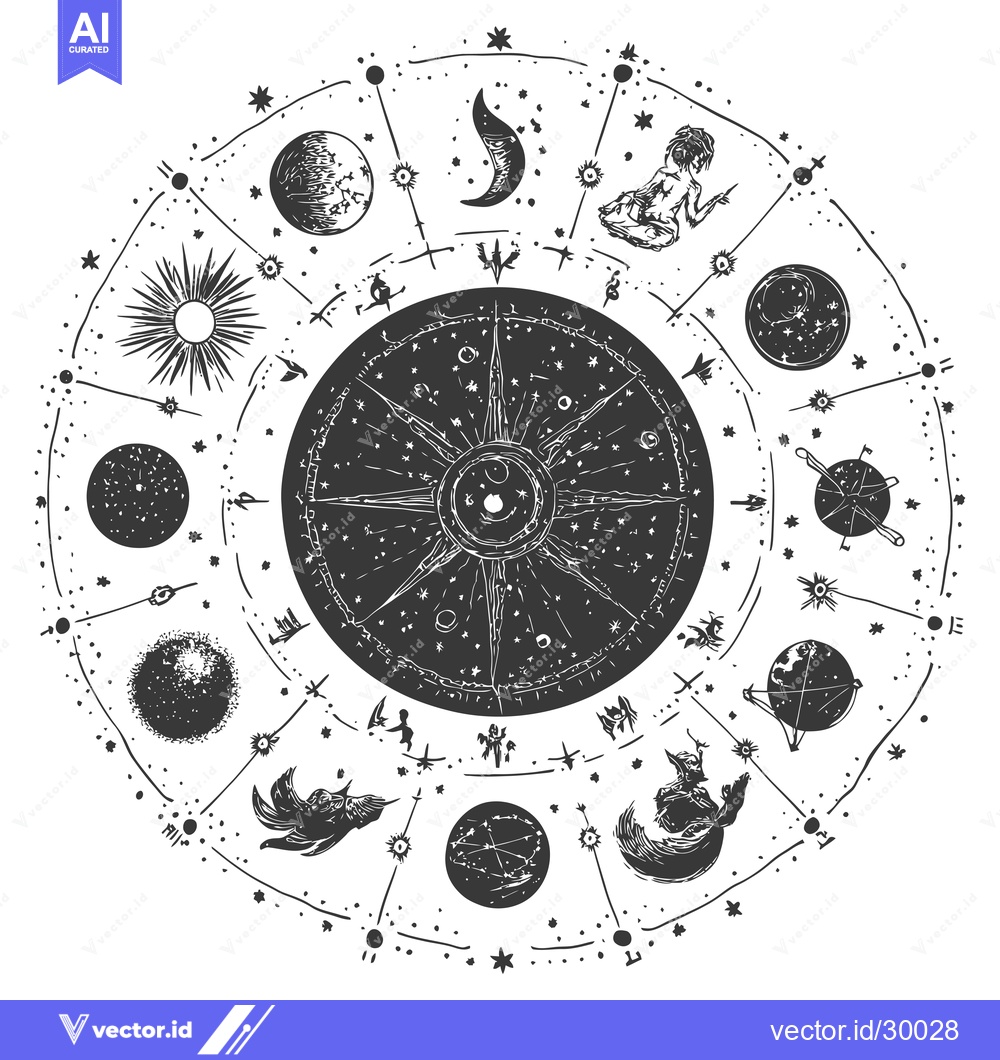 Premium Vector dari Celestial Map with Planets, Constellations, and Symbolic Figures