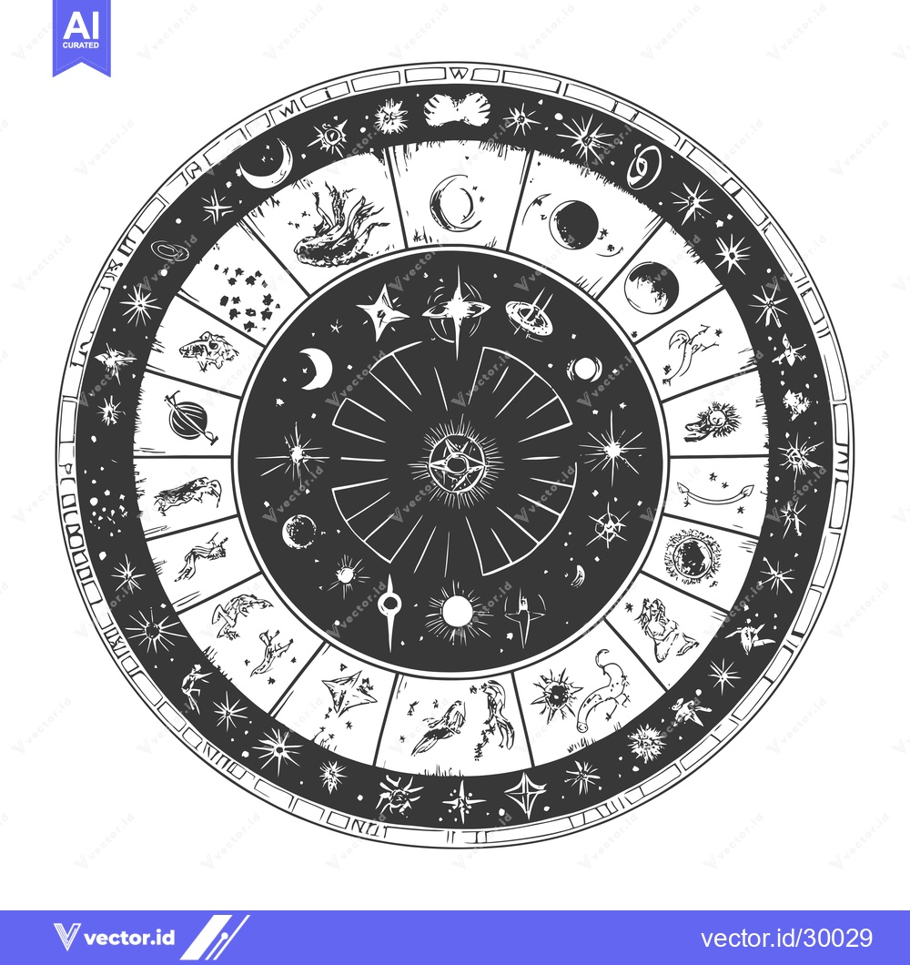 Premium Vector dari Celestial Wheel with Zodiac Constellations and Celestial Objects