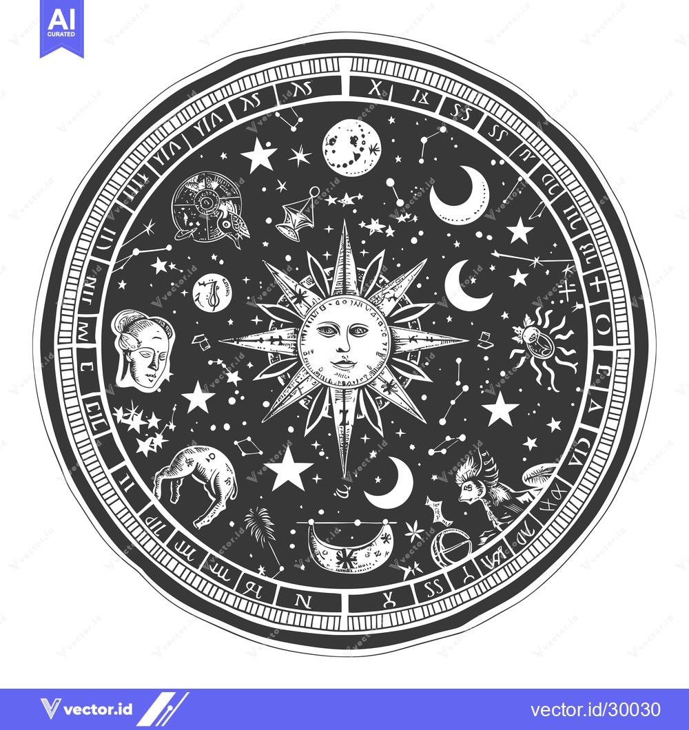 Premium Vector of Celestial Wheel with Zodiac Signs, Sun, Moon, and Stars