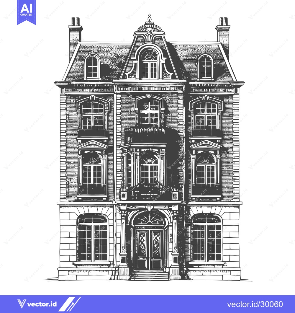 Premium Vector of Elegant European Style Brick Townhouse Architectural Drawing