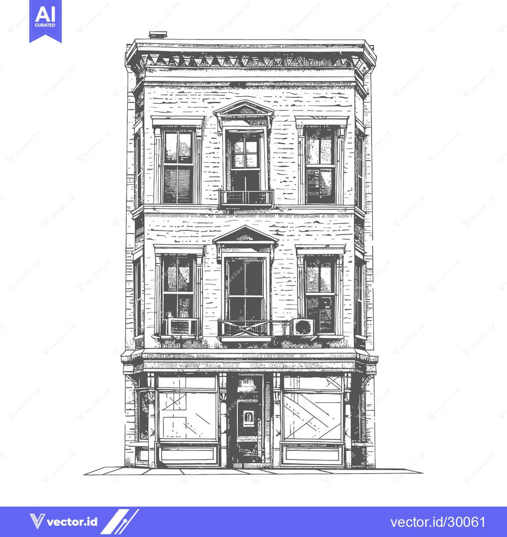 Premium Vector dari Hand Drawn Sketch Of A Three Story Brick Building