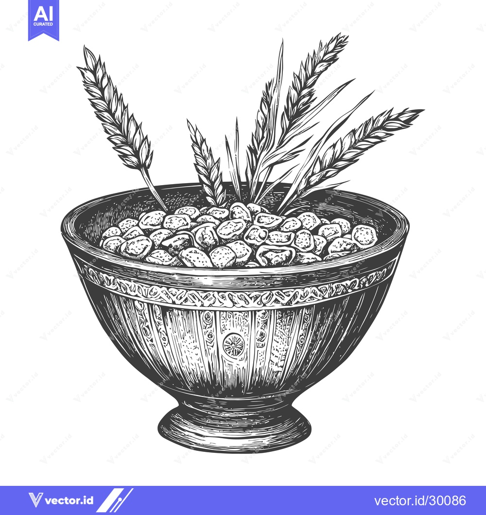 Premium Vector dari Ornate Bowl Filled With Grain And Wheat Stalks