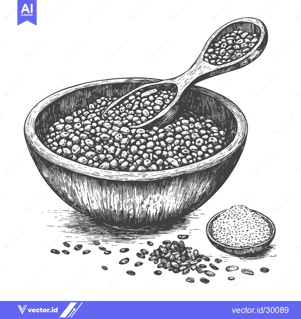 Premium Vector of Wooden Bowl Filled With Seeds And Grains Using A Wooden Spoon