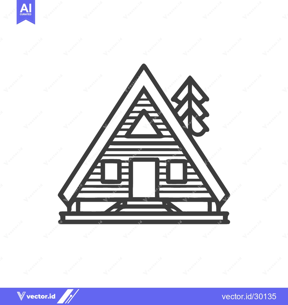 Premium Vector dari Minimalist A-Frame Cabin Icon with Pine Tree Outline Design