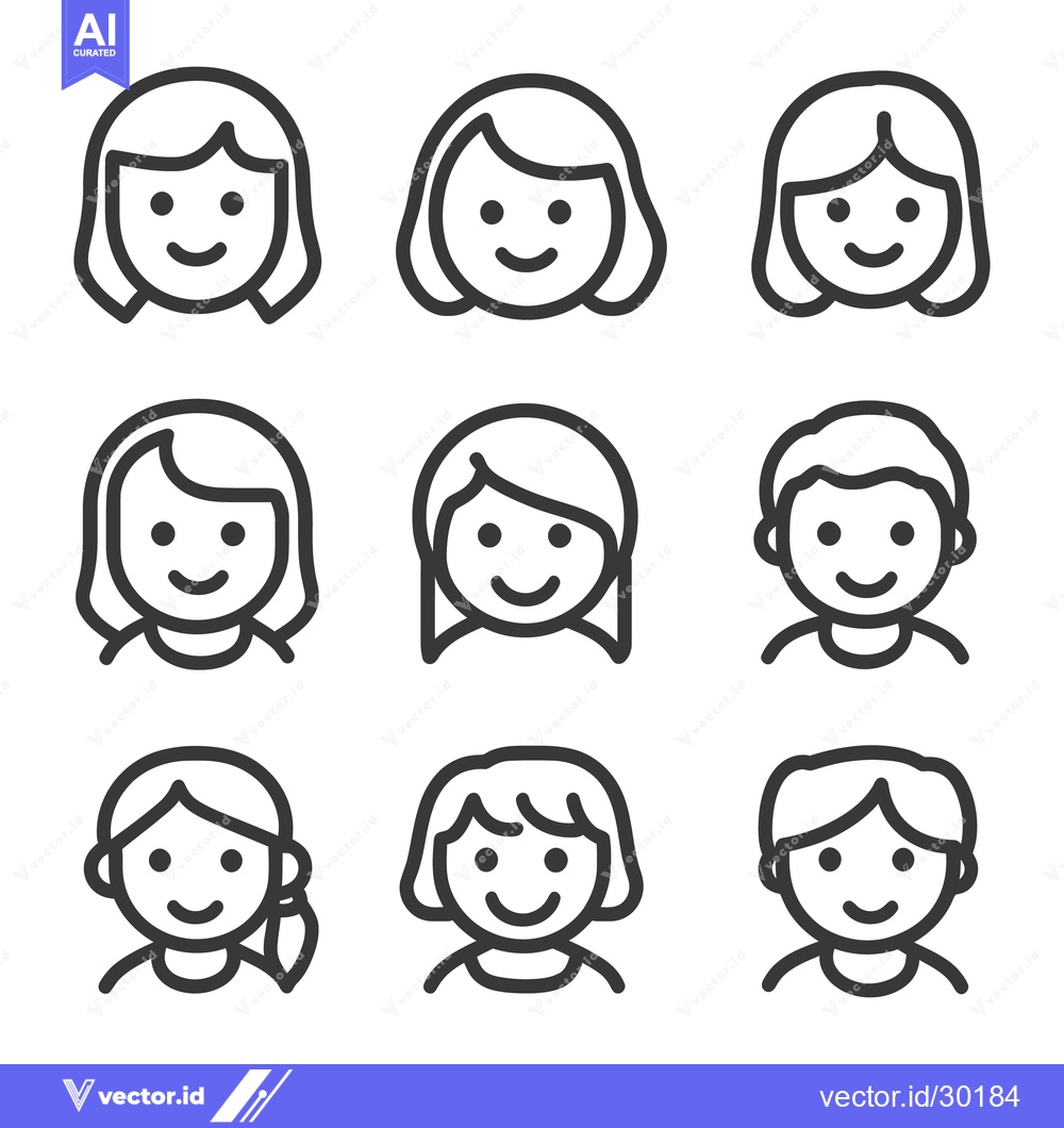 Premium Vector dari Nine smiling cartoon faces depicting diverse hairstyles and gender