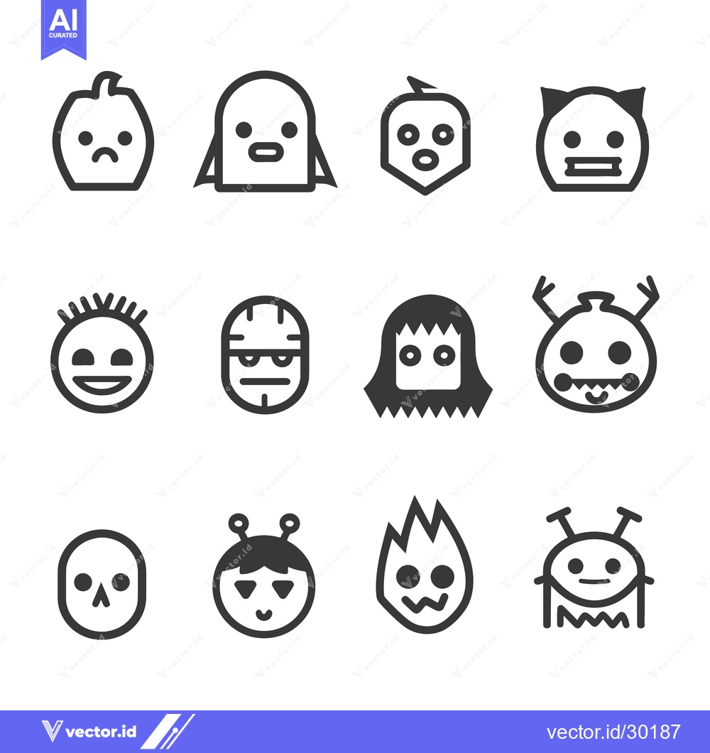 Premium Vector of Twelve Simple Line Drawing Illustrations of Cartoon Character Faces