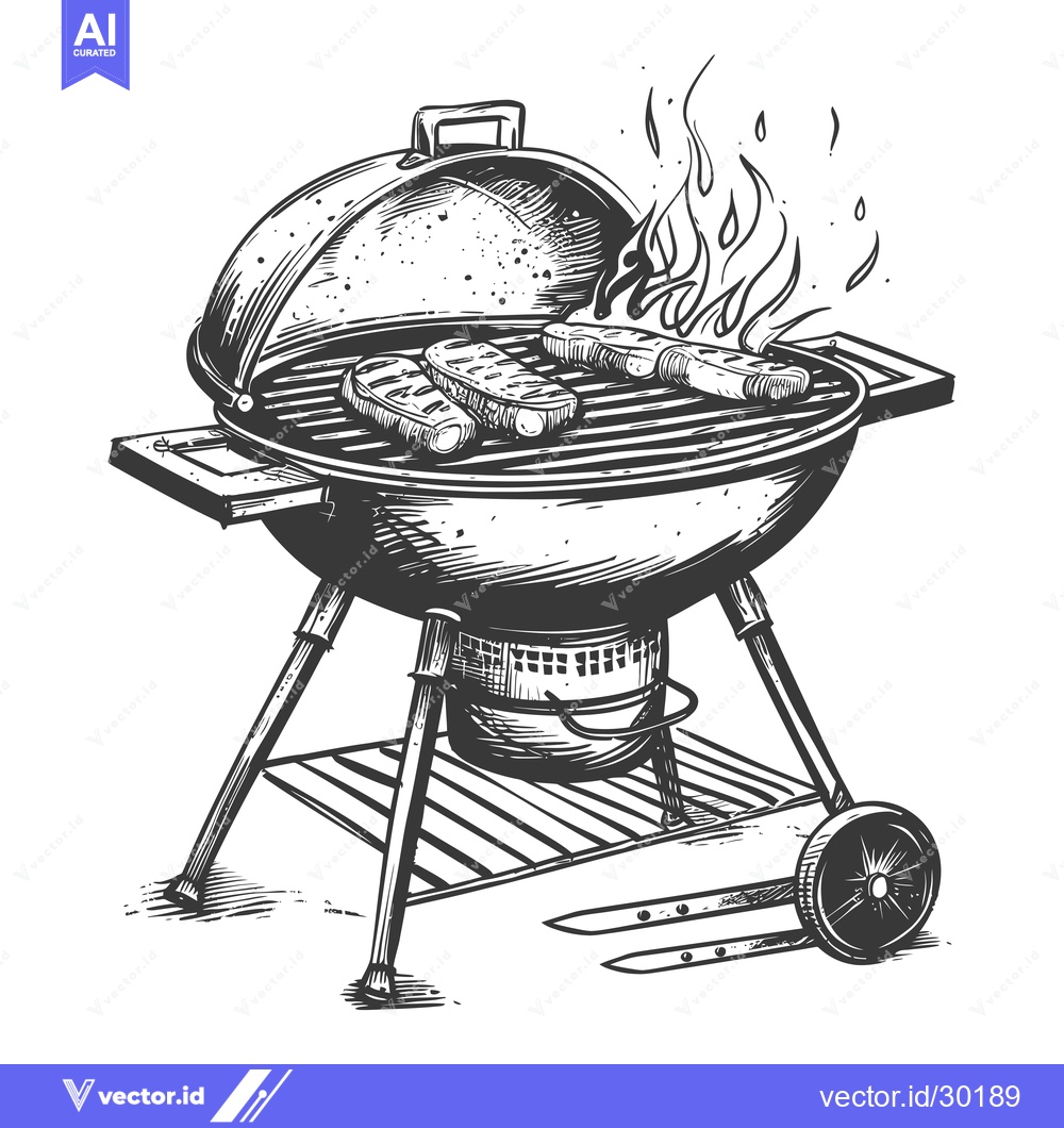 Premium Vector dari Charcoal Grill with Three Steaks and Flames