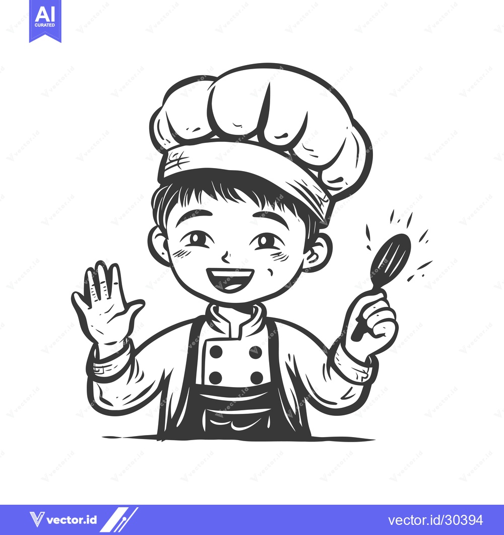 Premium Vector dari Cheerful Cartoon Chef Holding a Spoon and Waving