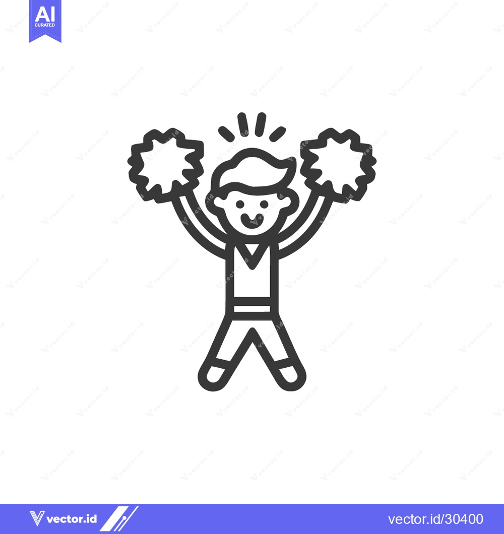 Premium Vector of Cheerful Cheerleader Icon with Pom-Poms, Outline Style, Vector Illustr