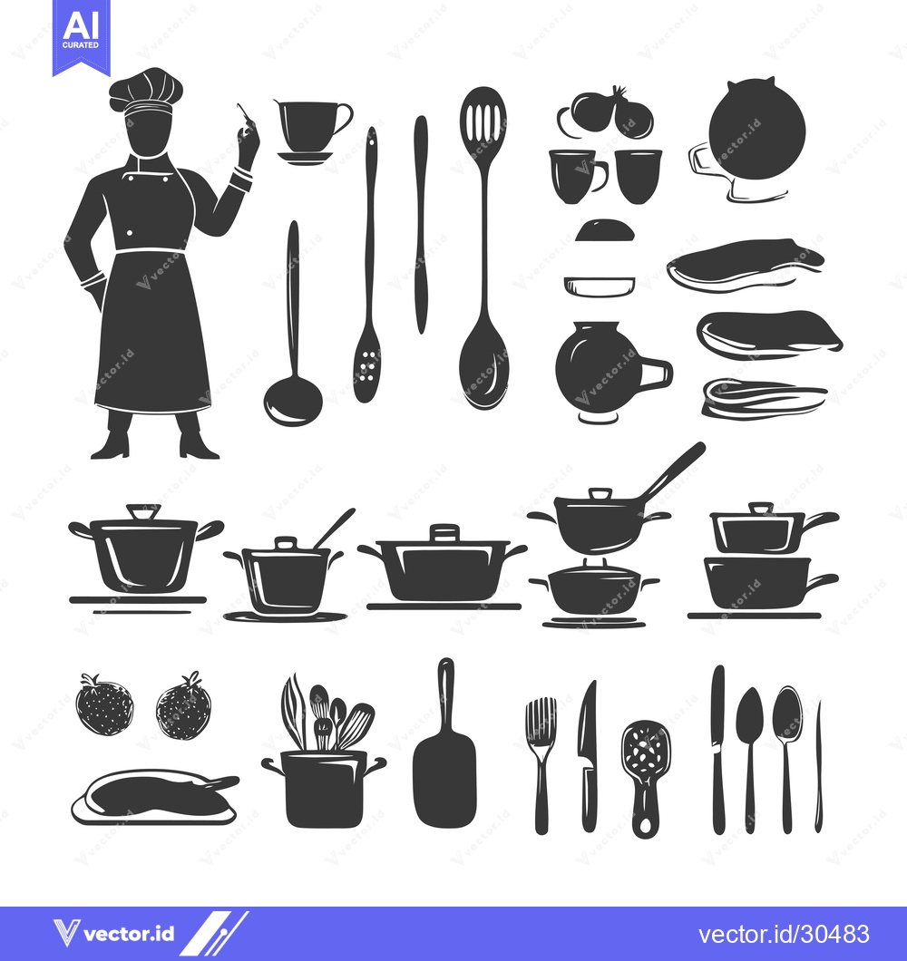 Premium Vector of Chef with Cooking Utensils, Pots, and Food