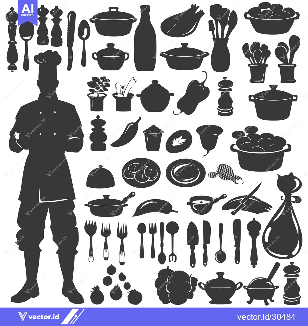 Premium Vector dari Chef with Kitchenware and Ingredients Silhouette