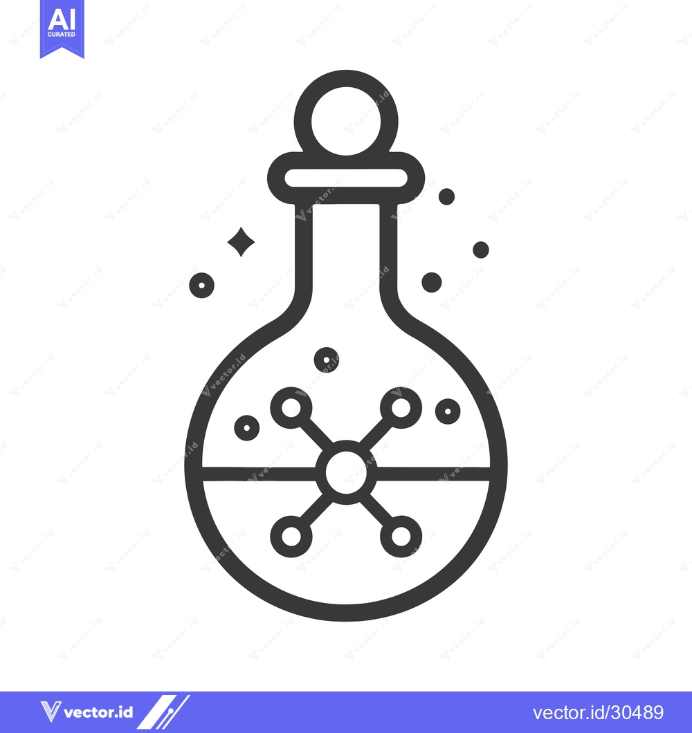 Premium Vector of Simple outline image of a chemistry flask with liquid and atoms