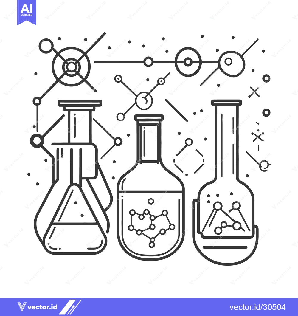 Premium Vector of Black and white illustration of various lab beakers and molecules
