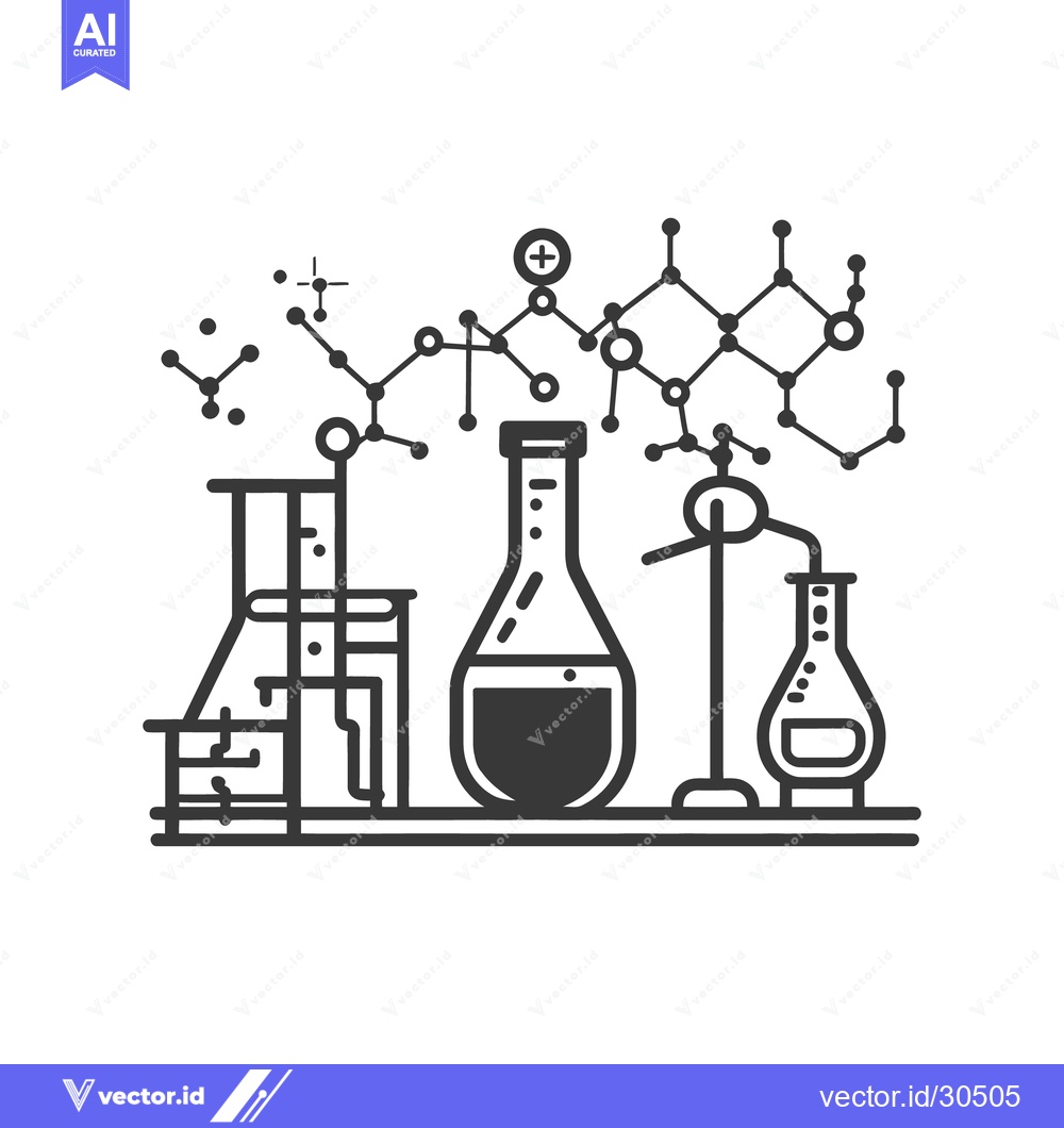 Premium Vector dari Black and white depiction of laboratory glassware and molecular struct