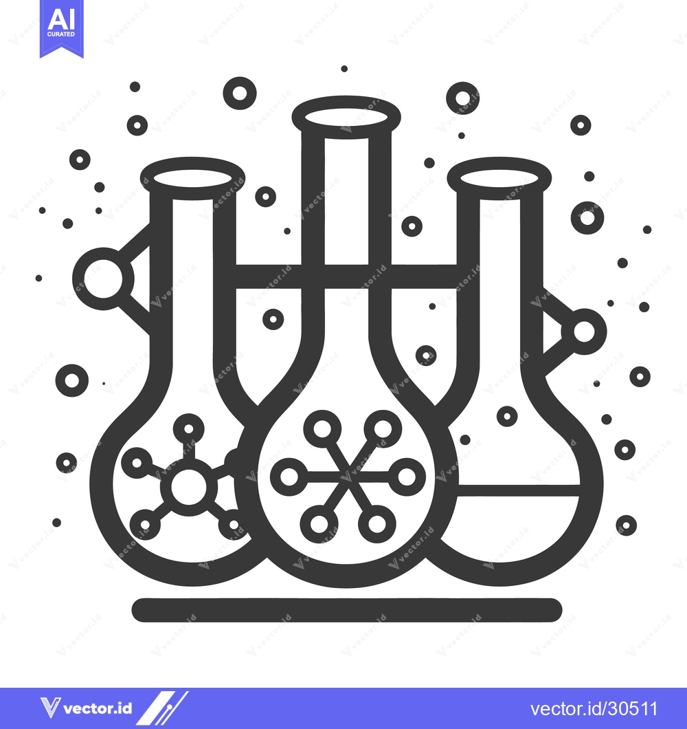 Premium Vector of Three laboratory flasks contain molecules and are connected by lines