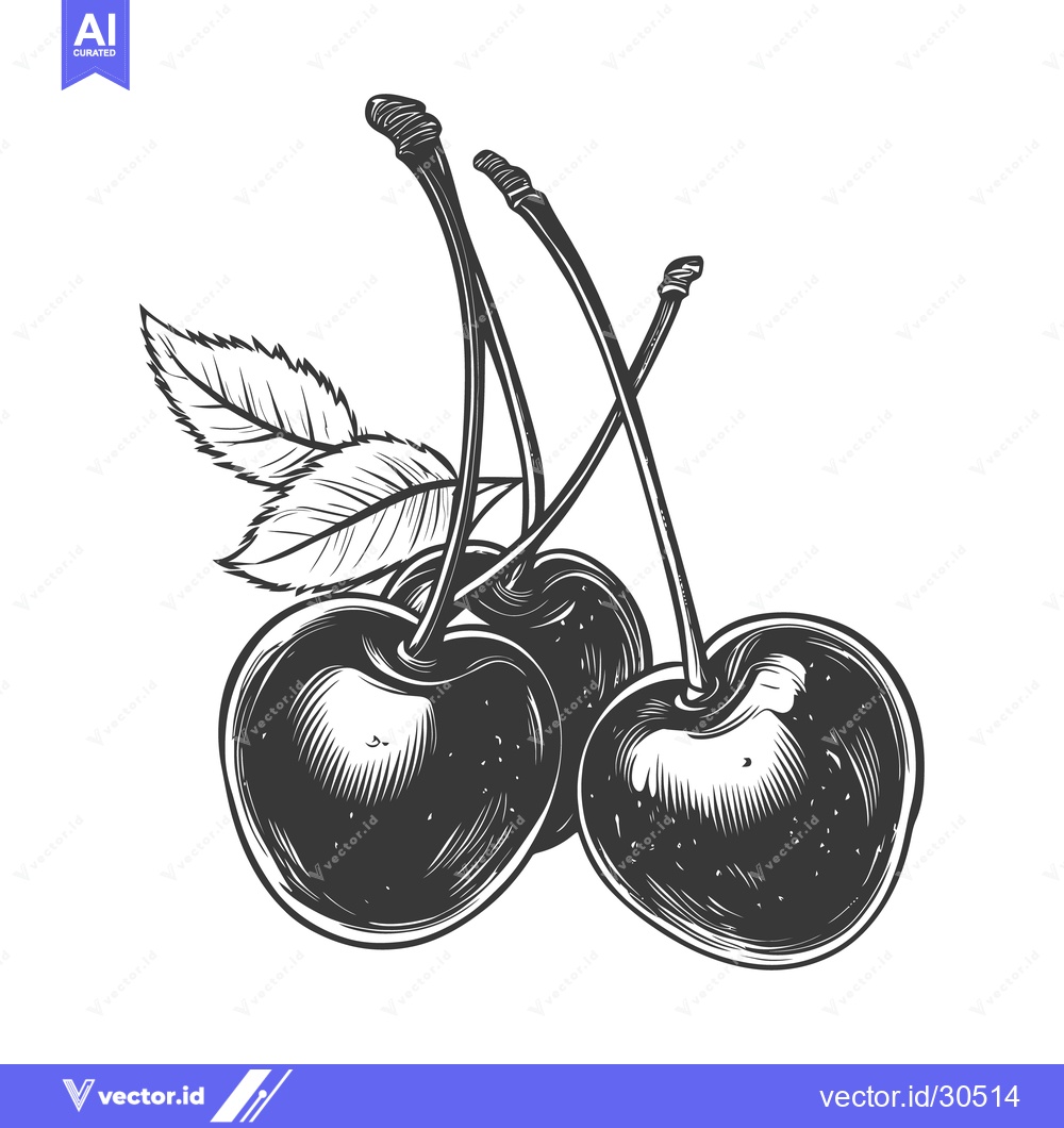 Premium Vector of A monochrome artistic depiction of three cherries and leaves