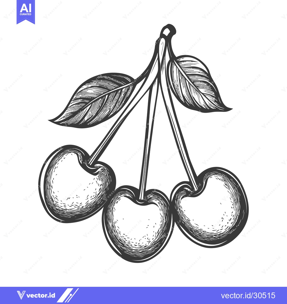 Premium Vector dari Three cherries hang from a stem with leaves in illustration form