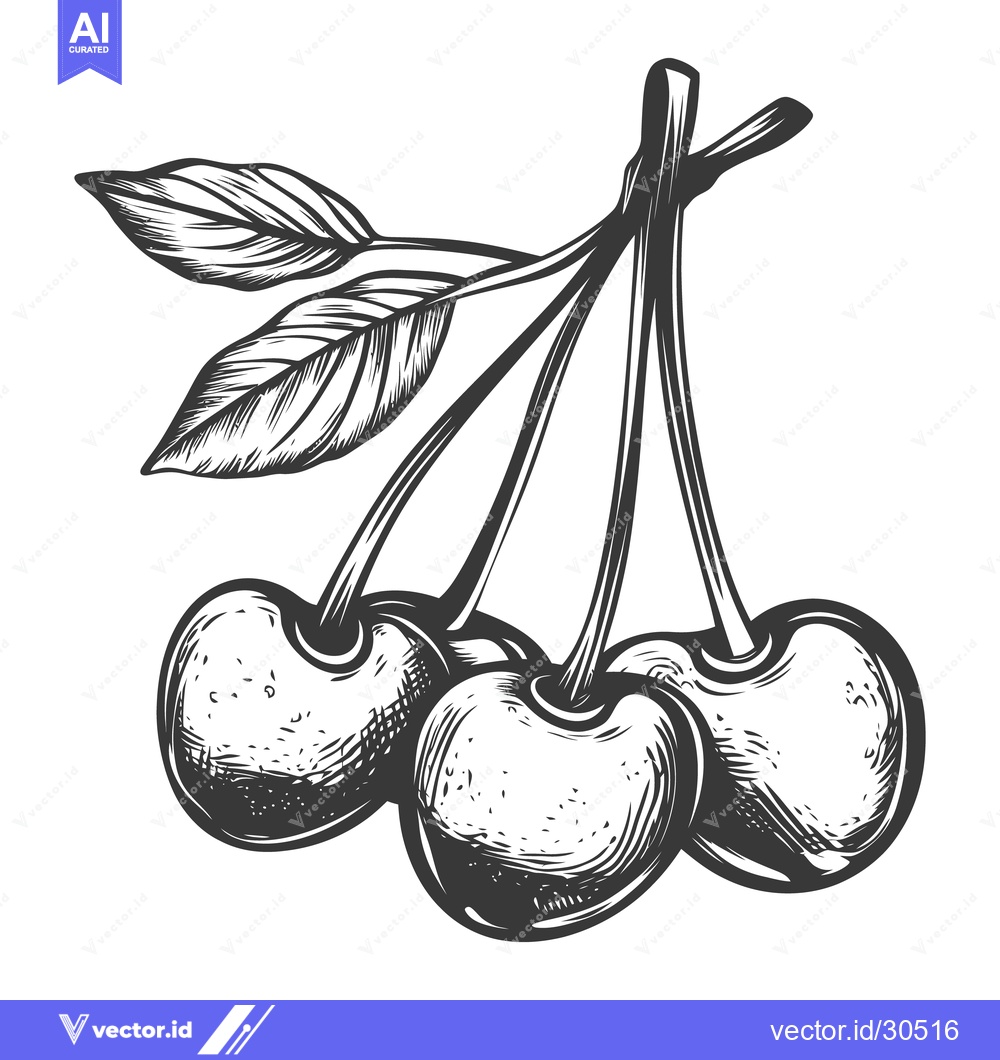 Premium Vector dari A detailed black and white engraving of three ripe cherries