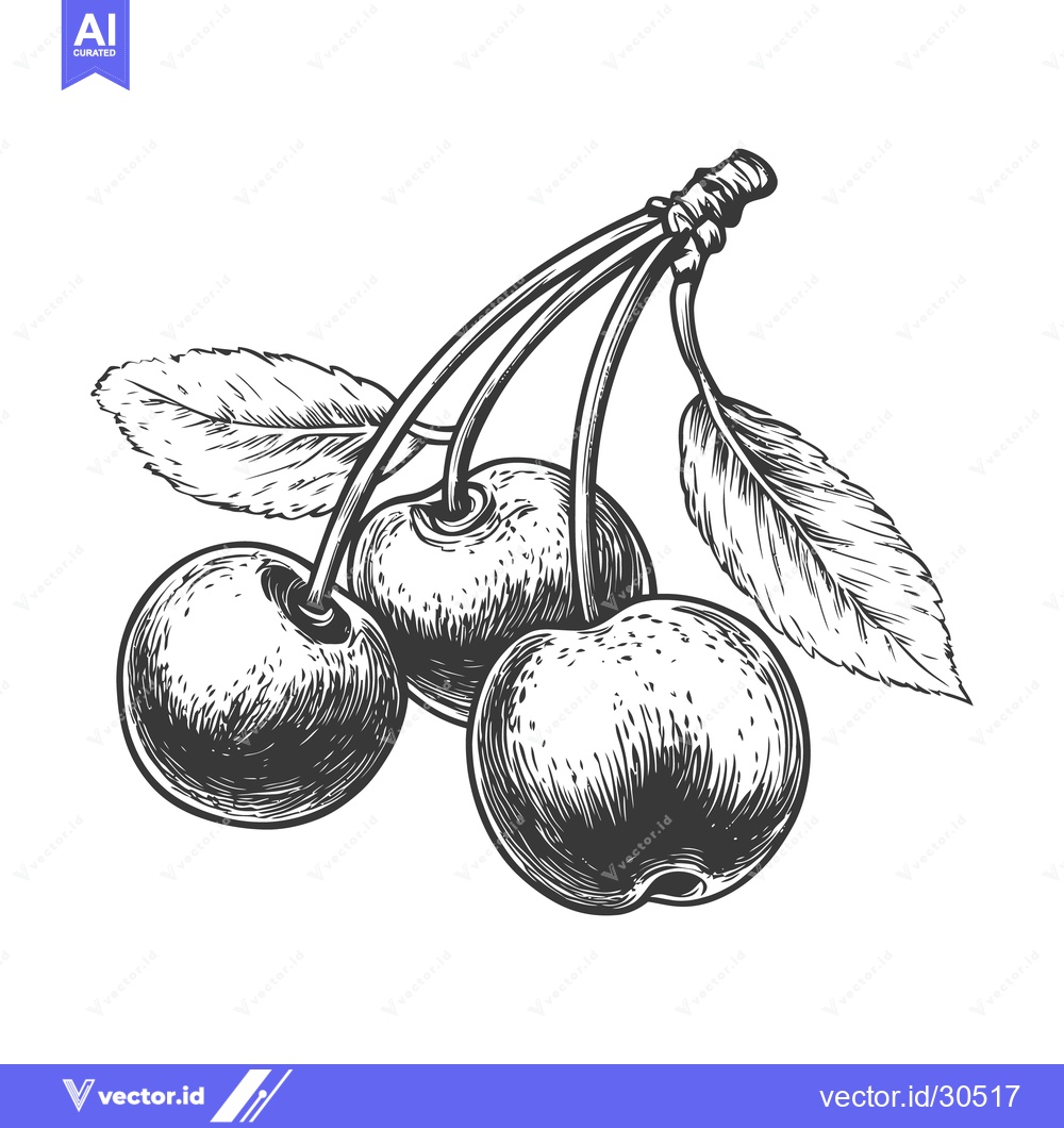 Premium Vector dari Black and white illustration of ripe cherries on a branch