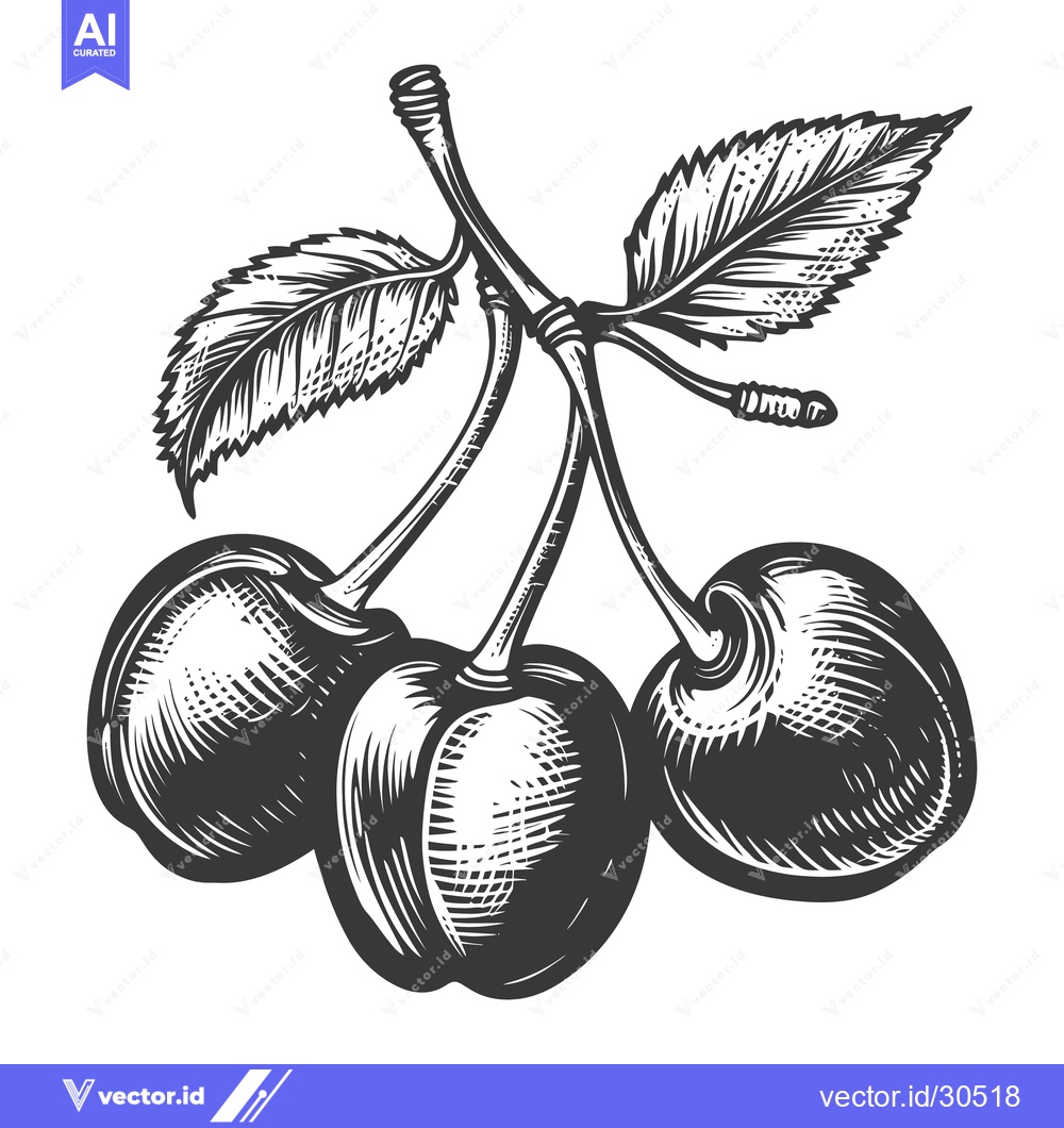Premium Vector dari Three cherries with leaves are shown in a detailed illustration