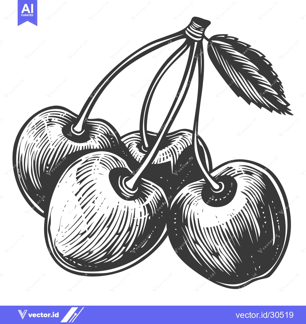 Premium Vector of Illustration shows a bunch of cherries with stems and a leaf