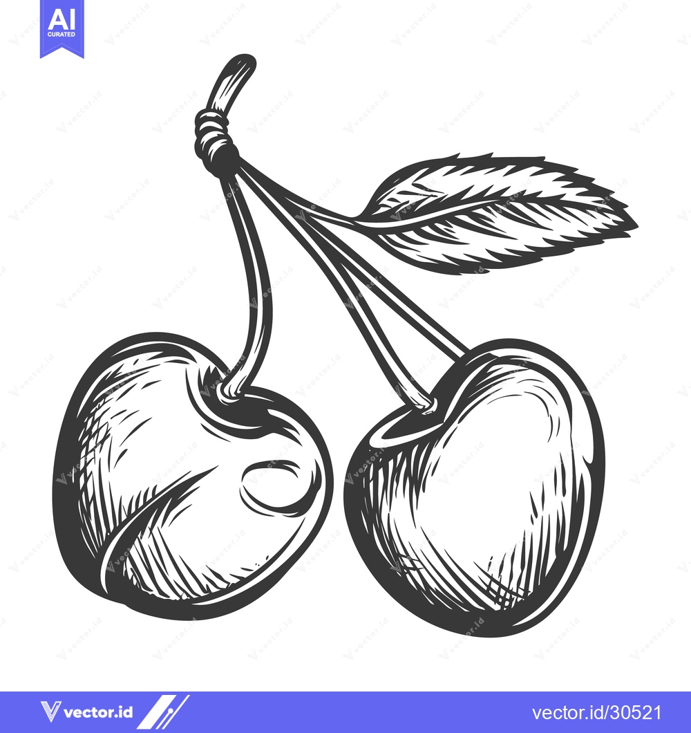 Premium Vector dari Two stylized cherries with stems and a single leafy branch