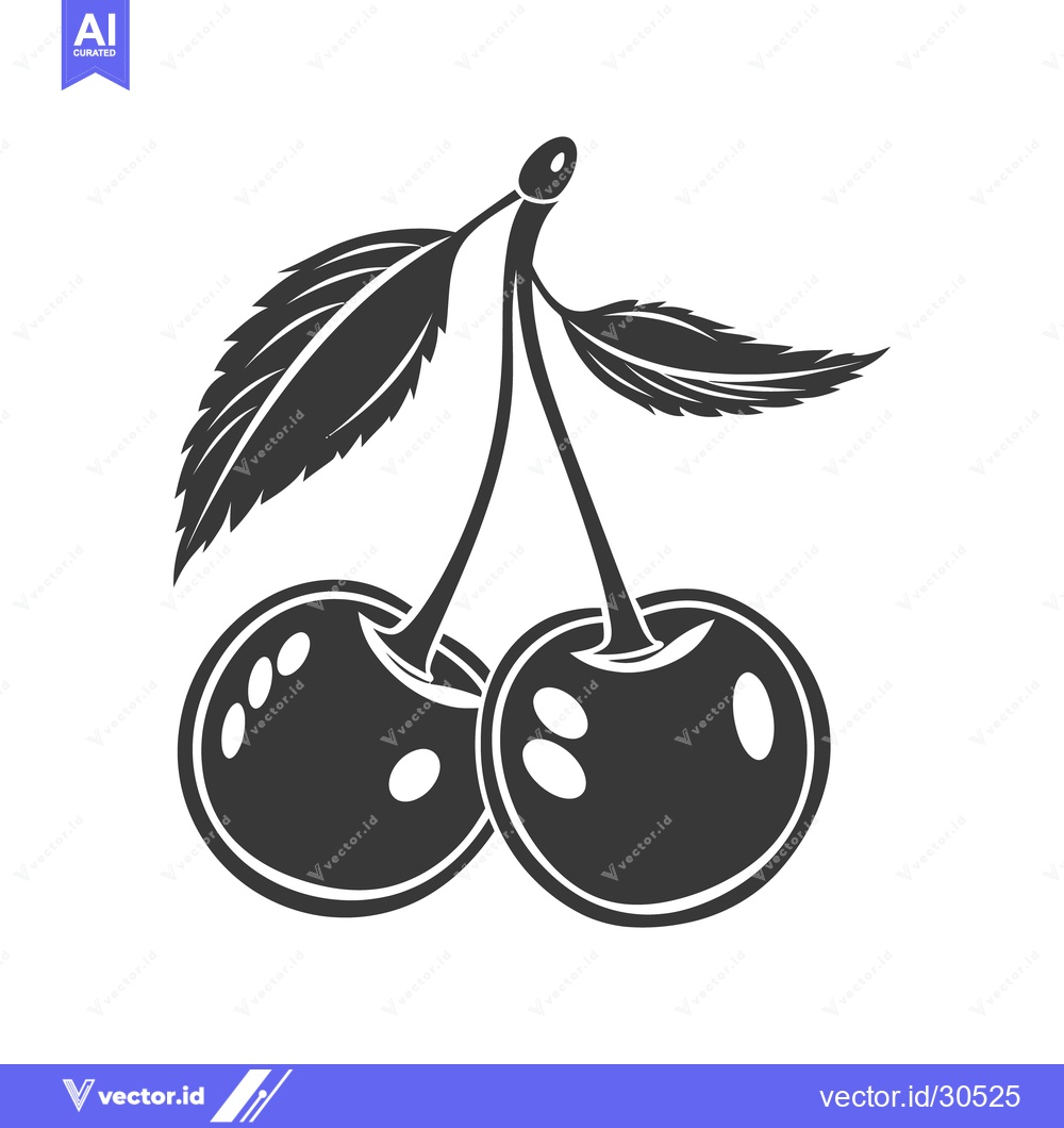 Premium Vector of Two cherries with leaves are displayed in monochrome illustration