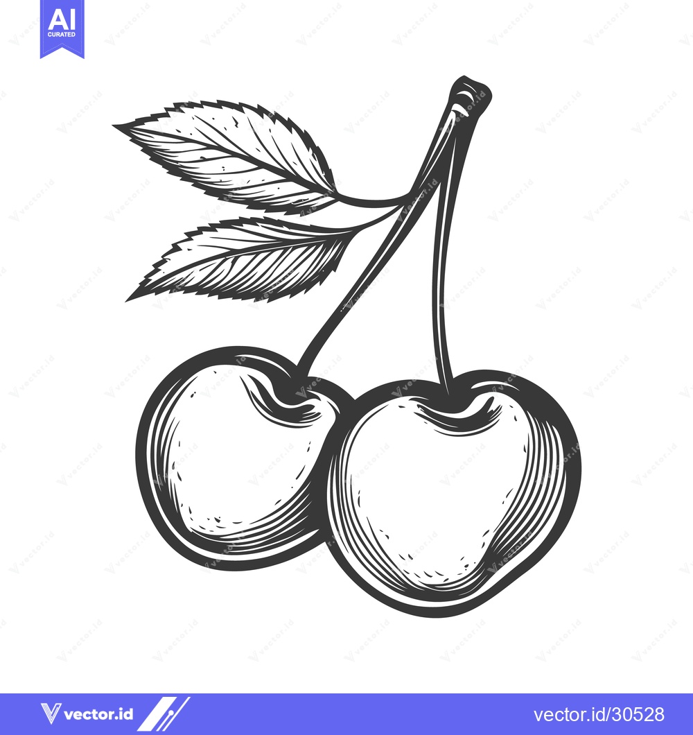 Premium Vector of A detailed illustration depicts two cherries with their leaves and ste