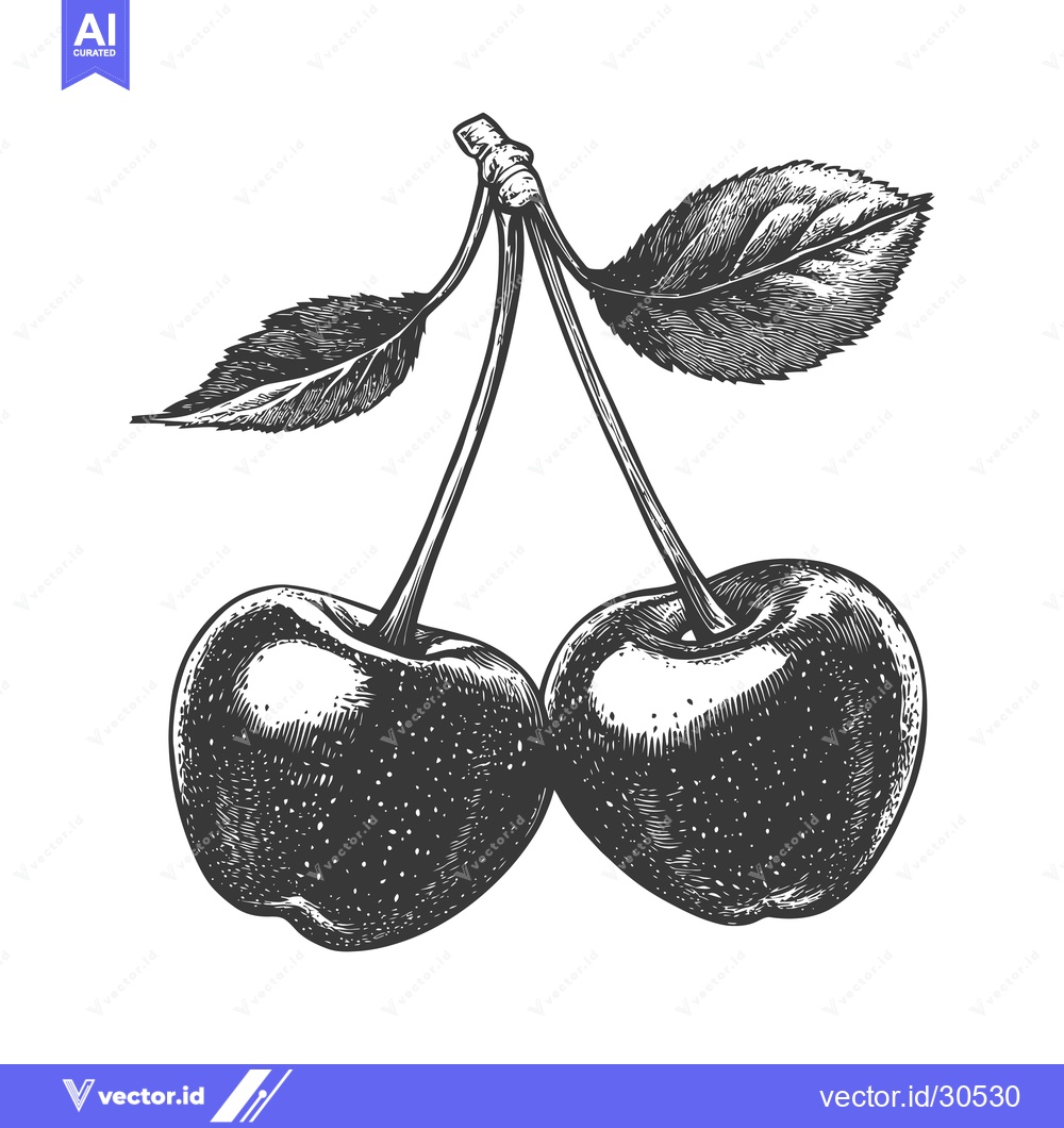Premium Vector dari A Detailed Engraving Of Two Cherries With Leaves