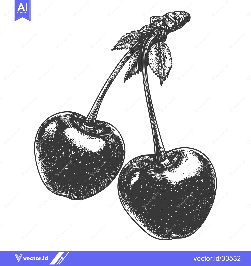 Premium Vector dari A Detailed Ink Drawing of Two Cherries on a Stem