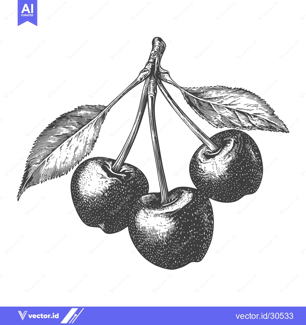 Premium Vector of Three Cherries on a Branch with Leaves