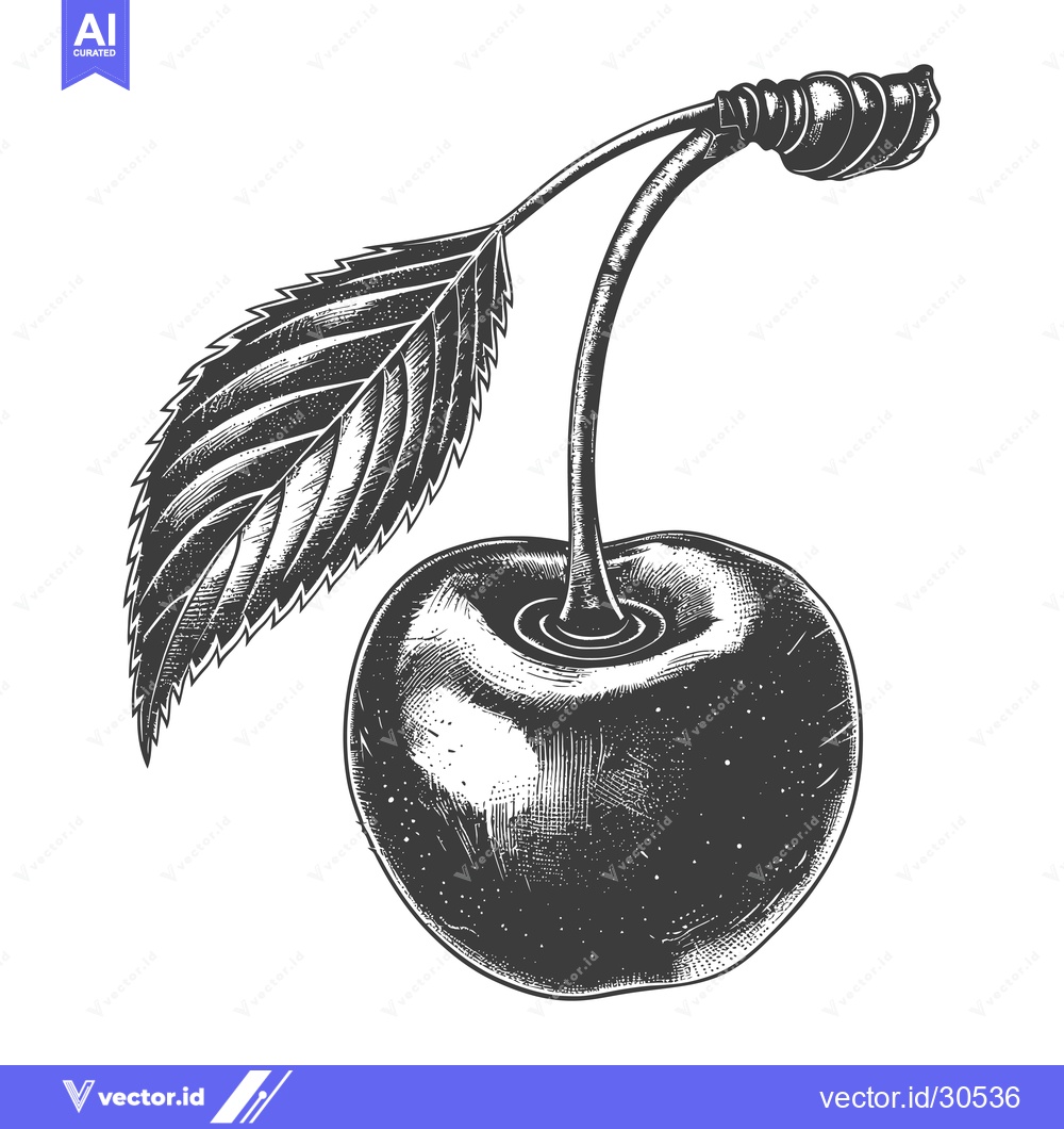 Premium Vector dari A Single Cherry with Stem and Leaf Illustration