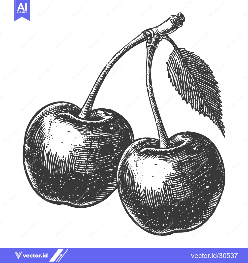 Premium Vector dari Two Cherries with Stem and Leaf Drawing
