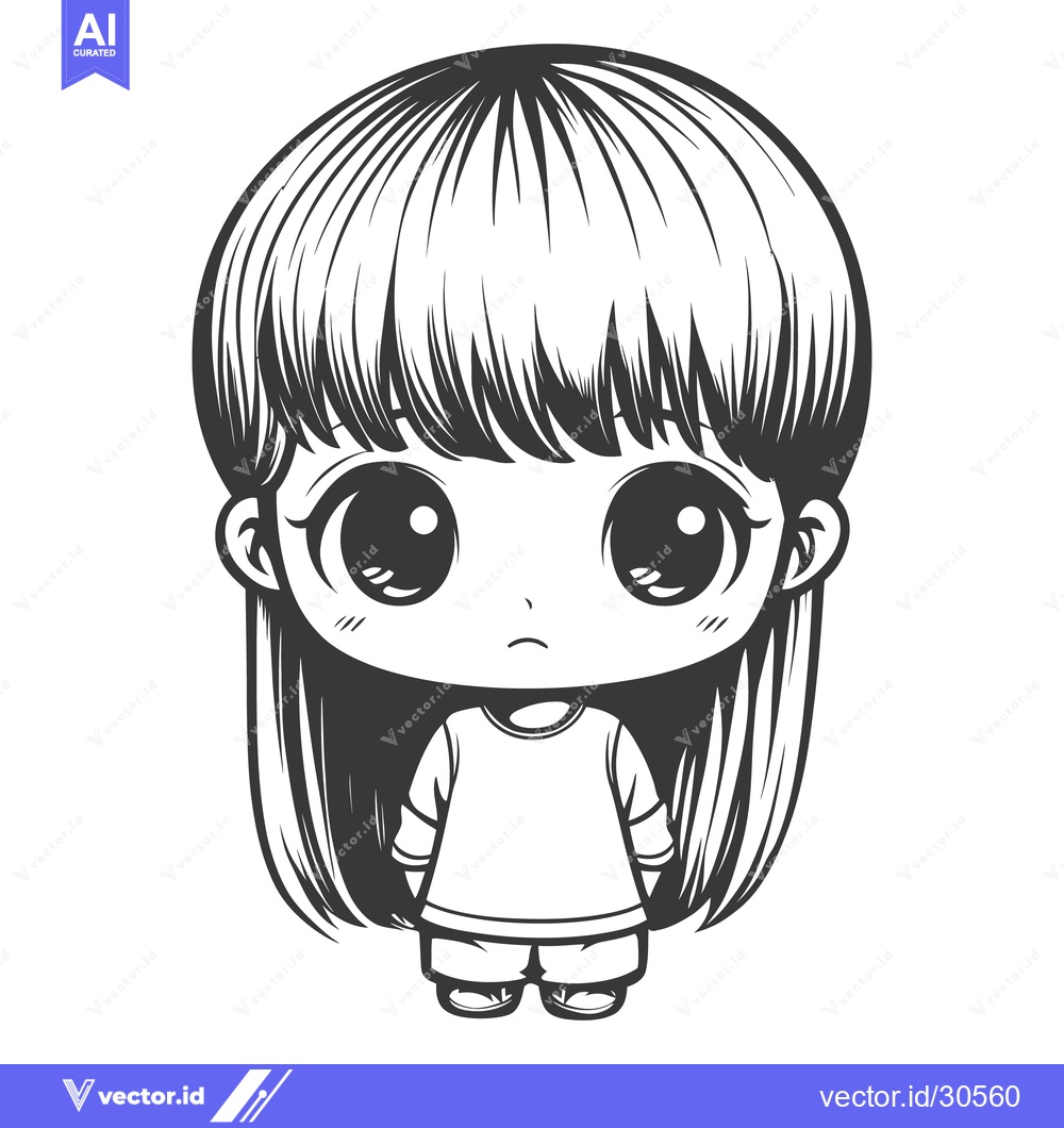 Premium Vector dari A monochrome cartoon drawing of a cute anime styled girl