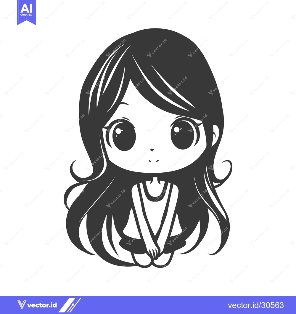 Premium Vector of A cute illustrated girl with long hair sitting attentively