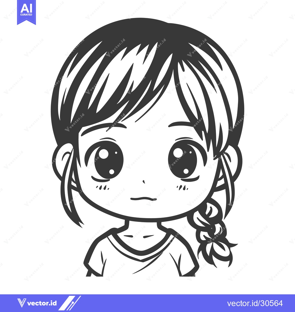 Premium Vector of A monochrome vector illustration depicting a young girl with braided h