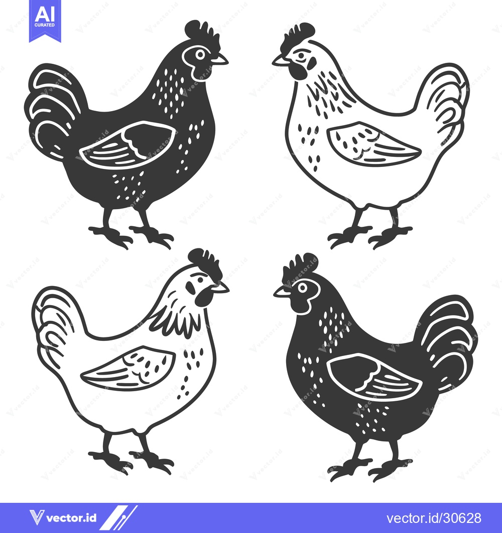 Premium Vector dari Four stylized illustrations depicting black and white chickens facing