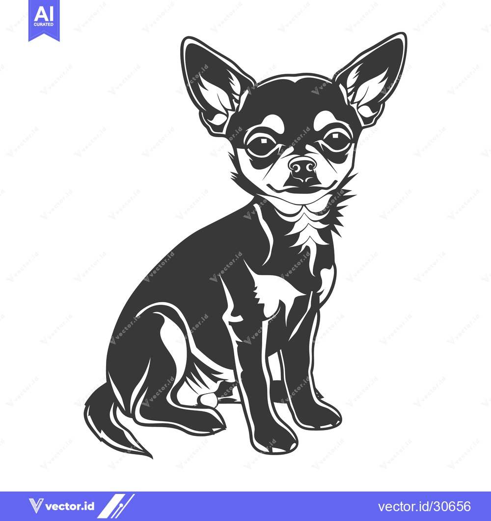 Premium Vector dari A small black and white sitting dog with large pointed ears