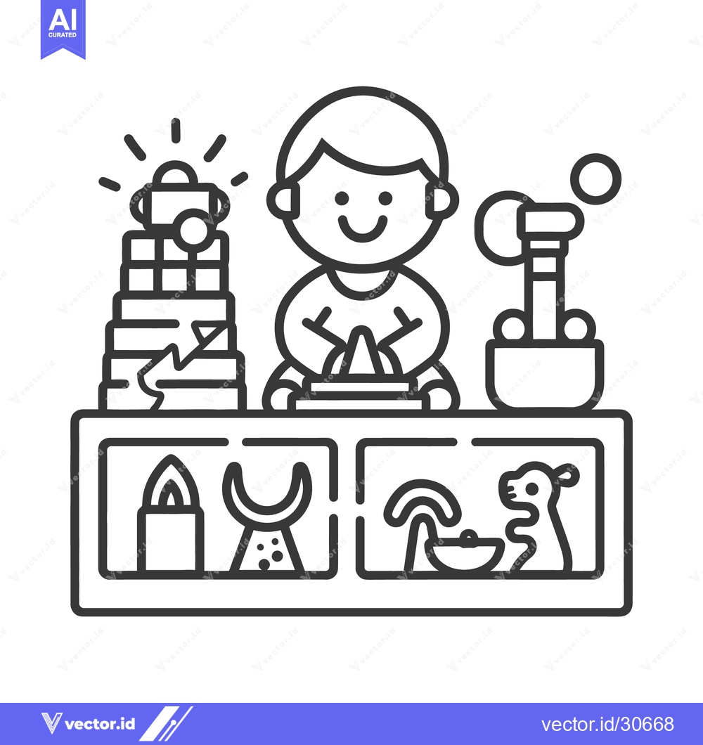 Premium Vector of Smiling child playing with toys arranged on a shelf display