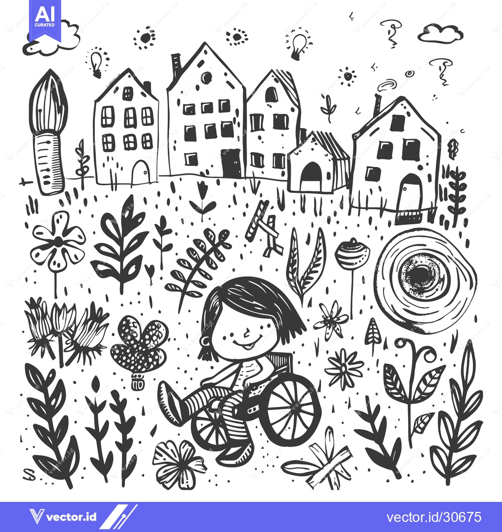 Premium Vector dari Child in Wheelchair Surrounded by Houses and Flowers