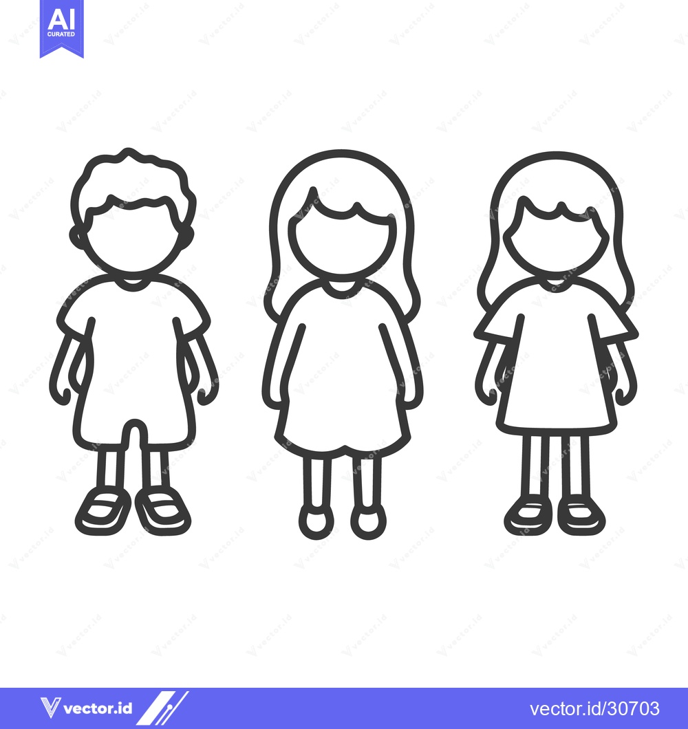 Premium Vector dari Three children stand together with simple line art illustration