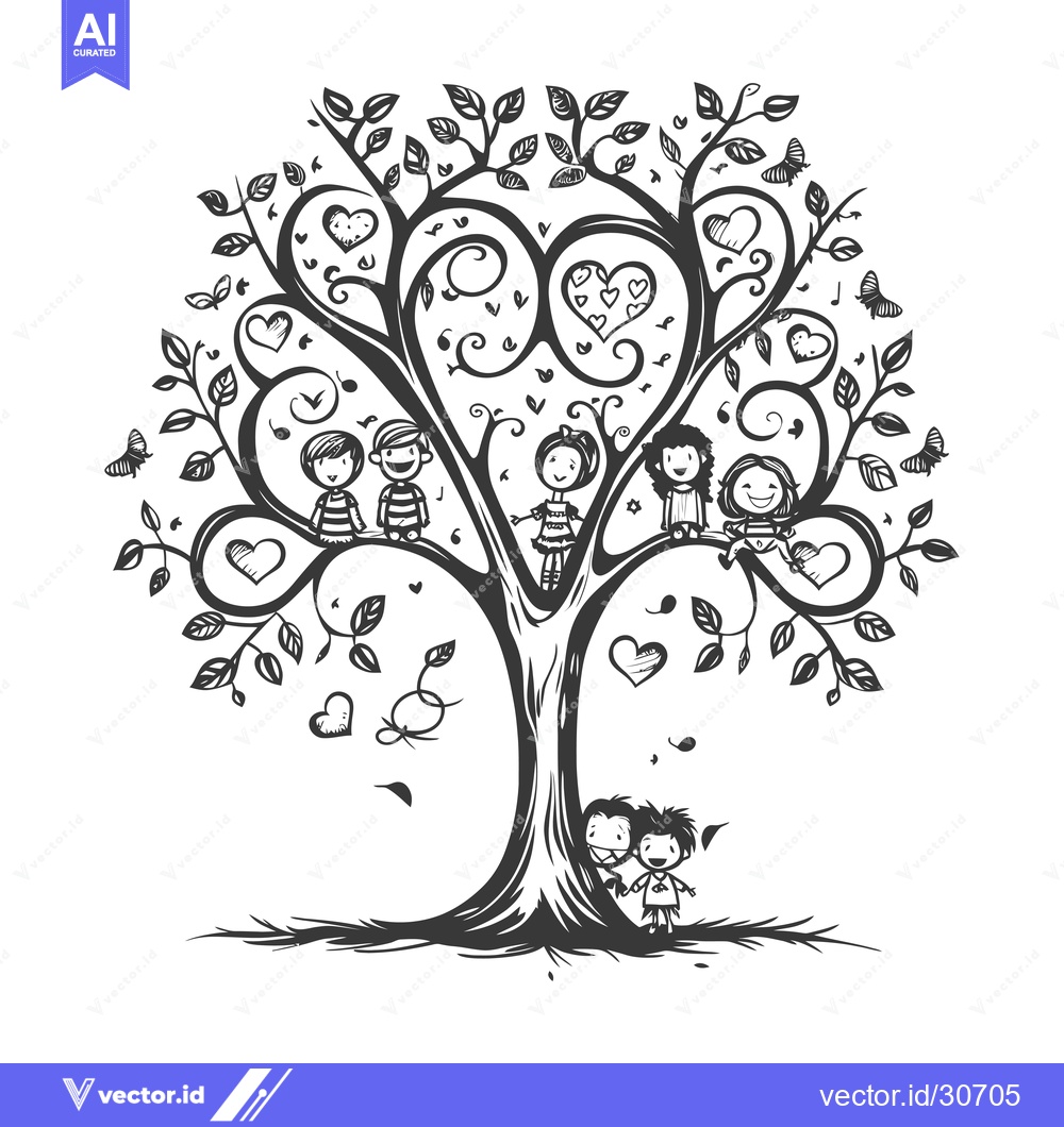Premium Vector dari Children Playing and Sitting on a Heart-Shaped Tree with Butterflies a