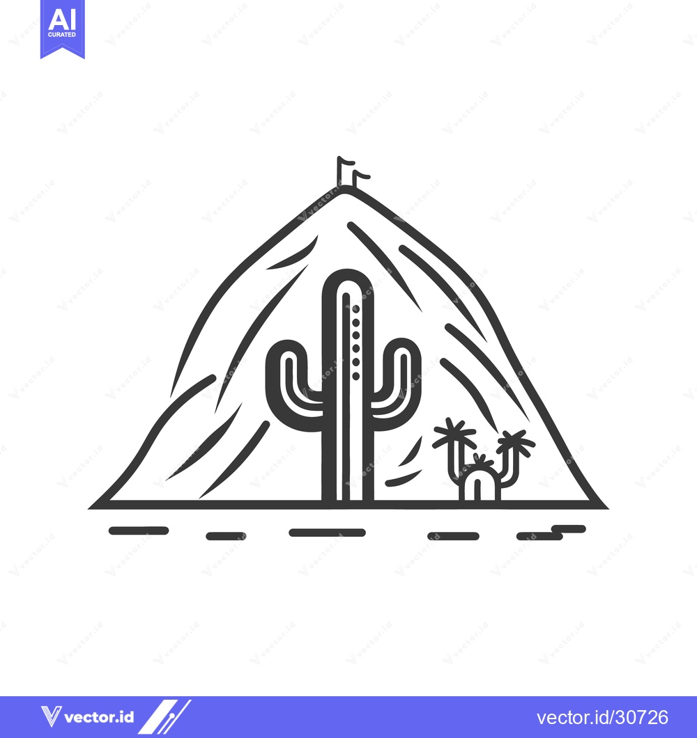 Premium Vector dari A desert scene depicts a mountain with cacti and palms