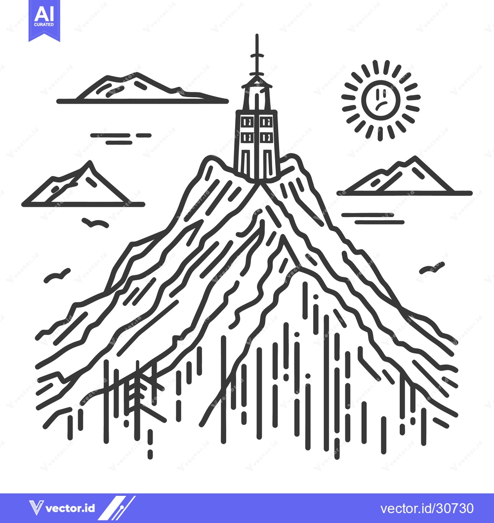 Premium Vector of A mountain peak with a tall structure and surrounding scenery
