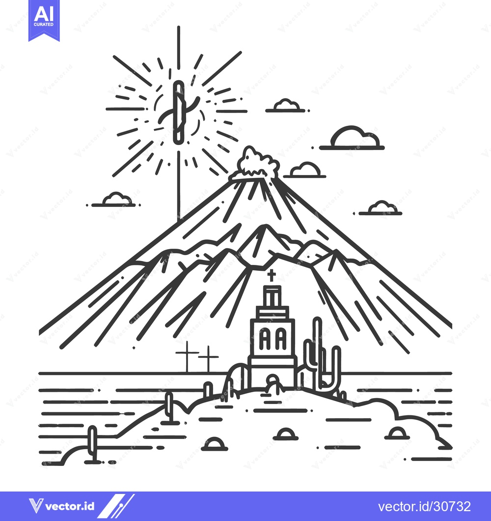 Premium Vector dari A stylized illustration depicts a mountain landscape with religious sy
