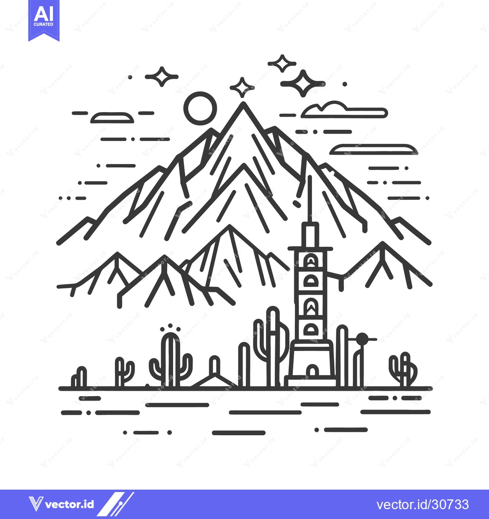 Premium Vector of A black and white desert landscape with mountain and tower