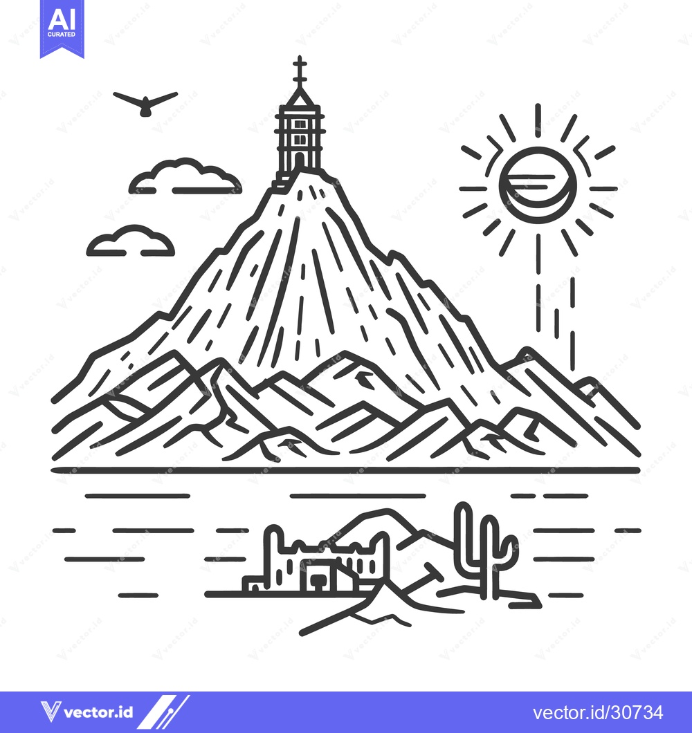 Premium Vector dari A simple black and white mountain scene with a small building on top